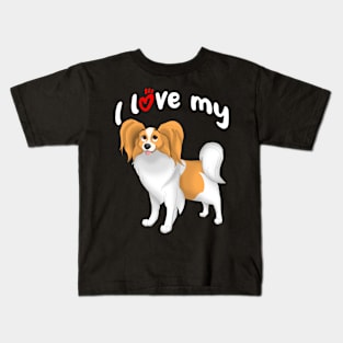 I Love My White & Red Papillon Dog Kids T-Shirt